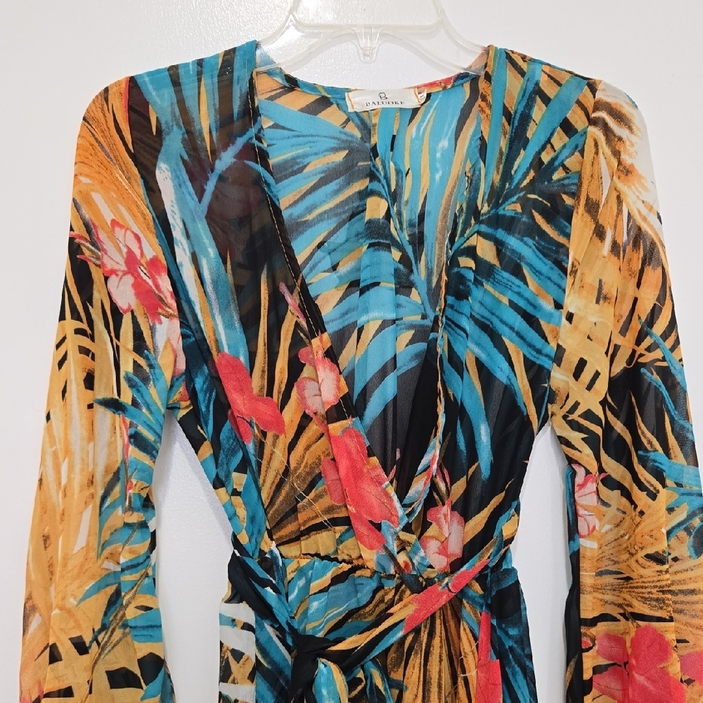 Vibrant Long Sleeve Tropical Sheer Plunging Neck Maxi Dress - Picture 2 of 6